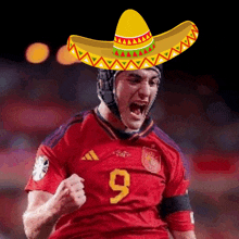 soccer player wearing a sombrero with the number 9 on his jersey