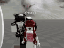 a girl with a p on her face is standing next to a boy with a skull hat and the name alessaz