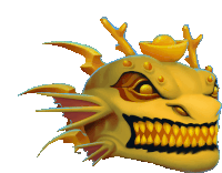 a cartoon drawing of a dragon 's head with a gold container on top of it