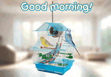 a blue bird cage with two birds inside and the words good morning