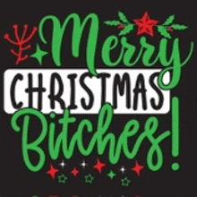 a merry christmas bitches t-shirt with a black background and green and white lettering .