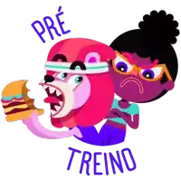 a cartoon illustration of a girl eating a hamburger with the words " pre treino " below her