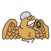 a cartoon drawing of a bird wearing a white hat and holding a book