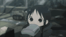 a cartoon girl drinking from a silver cup with a tank in the background