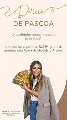 a woman is holding a fan with the words delicia de pascoa on it