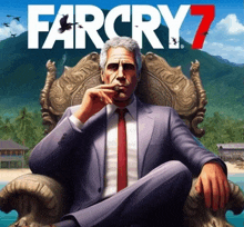 a man in a suit and tie sits in a chair with a cigar in his mouth and the words far cry 7 above him