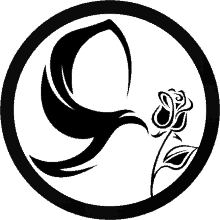 a black and white logo with a bird and a rose in a circle