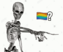 a skeleton is pointing at a rainbow flag .