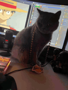 a cat wearing a lakers necklace sitting in front of a computer screen