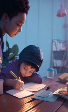 a little boy is writing on a piece of paper while a woman watches