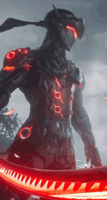 a robot with red lights on his arms and legs