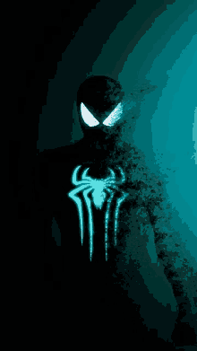 spiderman is glowing in the dark and has a spider on his suit .