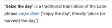 seize the day is a traditional translation of the latin phrase carpe diem enjoy the day literally pluck or harvest the day )