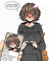 a drawing of a girl with short hair and glasses with the words i hope he beats me with a rock above her