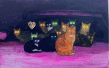 a painting of many cats with glowing eyes