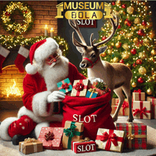 santa claus is sitting in front of a christmas tree with a bag of gifts that says slot on it