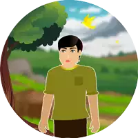 a cartoon drawing of a man standing in a field with a bird flying in the background