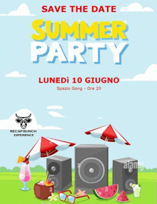 a poster for a summer party with speakers and watermelon