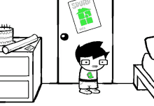 a cartoon character is standing in front of a door with a sburb beta poster on it