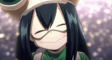 tsuyu asui from my hero academia is wearing a mask and making a funny face .