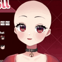 a bald anime girl with red eyes and a collar