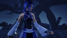 a video game character with blue hair and a purple ribbon around her neck