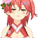 a girl with red hair and a flower in her hair is wearing a red dress .