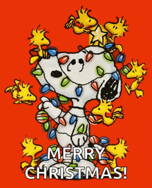 a cartoon of snoopy with christmas lights and the words merry christmas on the bottom