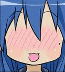 a cartoon of a girl with blue hair and a pink tongue sticking out of her mouth .