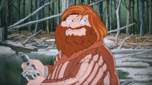 a cartoon character with red hair and a beard is holding a fishing rod