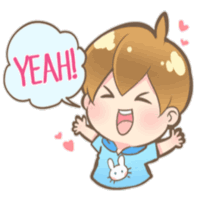 a boy with a speech bubble that says yeah