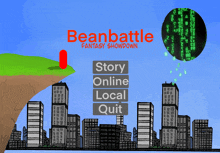 a poster for beanbattle fantasy showdown with a red capsule on a hill