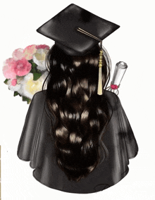 a drawing of a woman wearing a graduation cap and gown holding a diploma