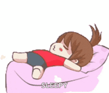 a cartoon of a girl laying on a bed with the word sleepy written below her