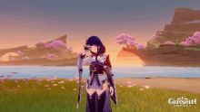 a genshin impact character stands in a field with flowers