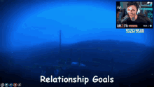 a video game screen shows a man talking into a microphone and the words relationship goals below him