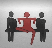 three people are sitting on a bench and one of them is a woman in a red dress