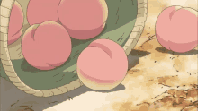 a basket full of pink peaches sits on a dirt ground