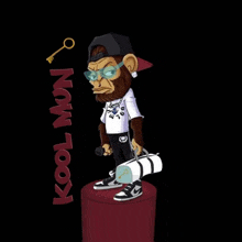 a cartoon of a monkey holding a microphone and a duffel bag with kool mun written on it