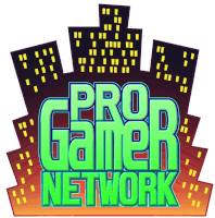 a logo for the pro gamer network shows a city skyline