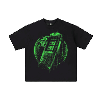 a black t-shirt with a green cell phone on it and the number 123 on it