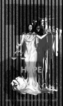 a black and white painting of a woman holding scales of justice and the word hype