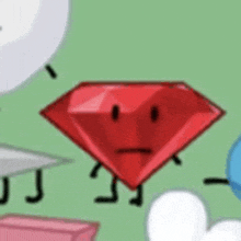 a red diamond with arms and legs is surrounded by balloons and hearts .