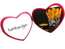 a heart shaped mirror shows a picture of a hamburger and a picture of french fries