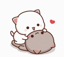 a white cat is hugging a brown cat with a heart in the background