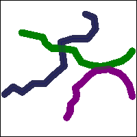 a drawing of a swirl with purple and green lines on a white background