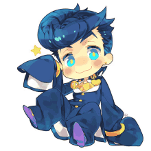 a drawing of a boy with blue hair and a gold peace sign around his neck