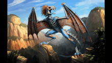 a painting of a skeleton dragon with wings standing on a cliff