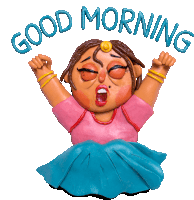 a cartoon of a woman with her arms in the air and the words good morning