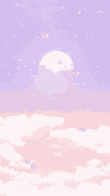 a purple sky with hearts and a full moon in the background